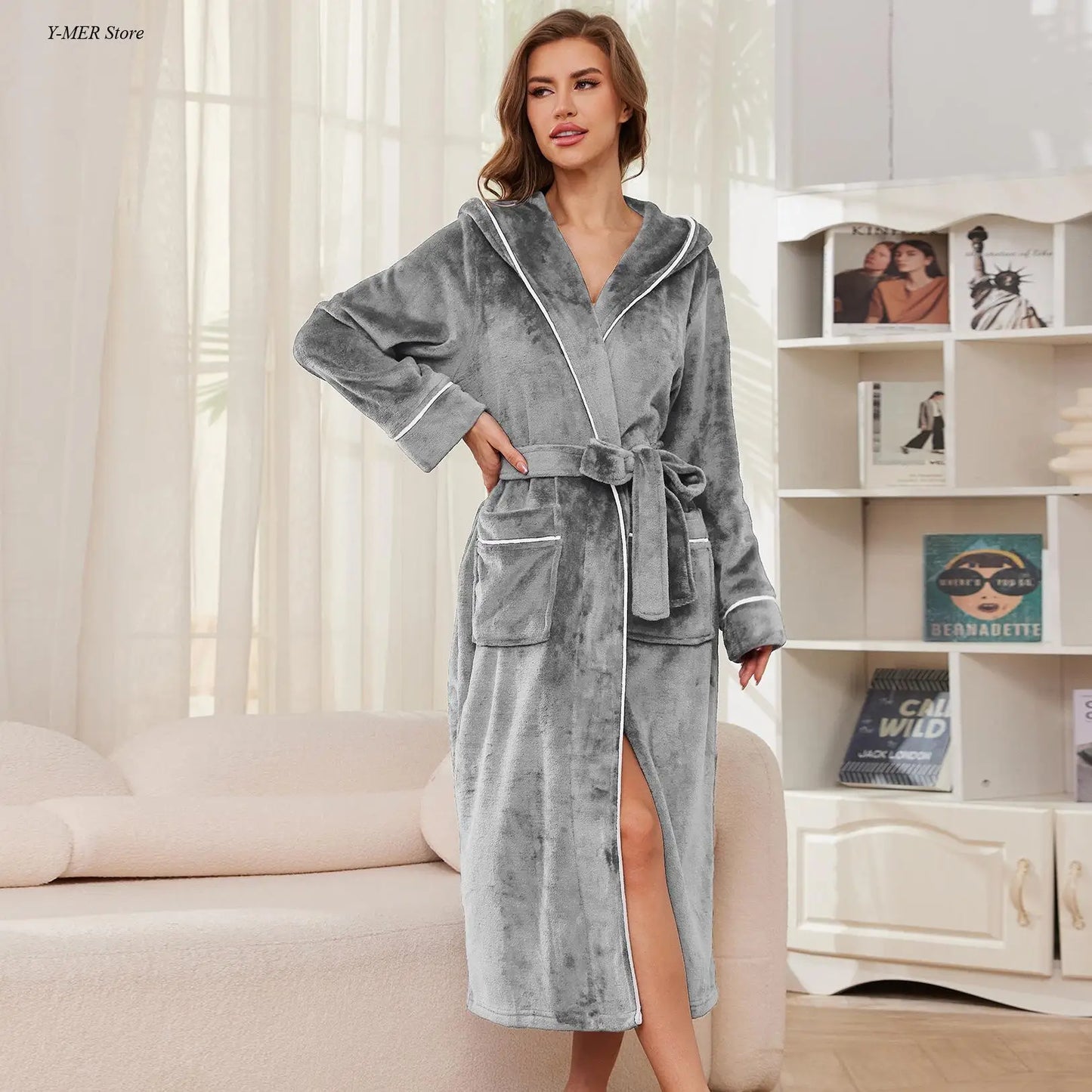 peignoir de bain pas cher-rayures-contrastées-gris-polyester