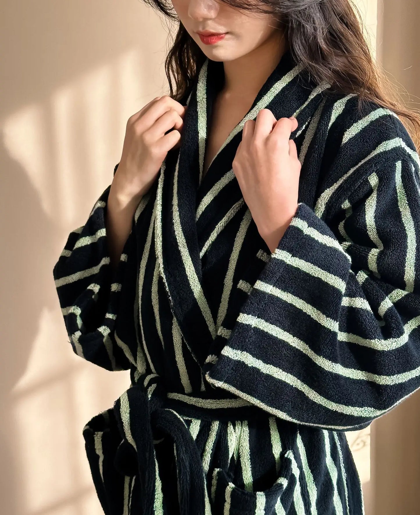 peignoir de bain personnalisé femme-rayure-bleu-foncé-polyester-coton