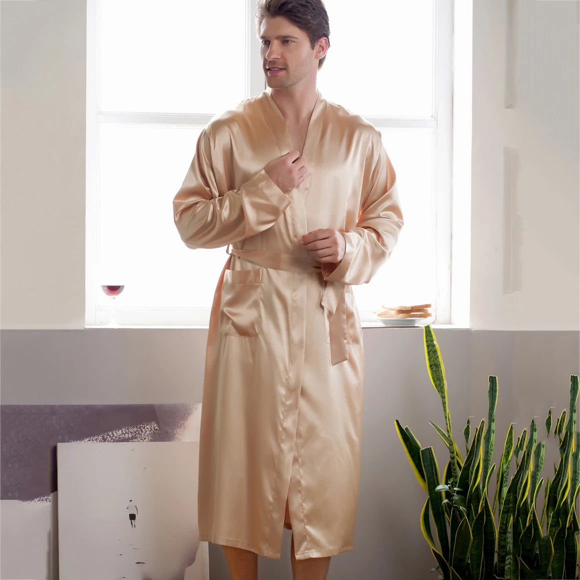 peignoir de bain pour homme grande taille-satin-beige-mi-mollet