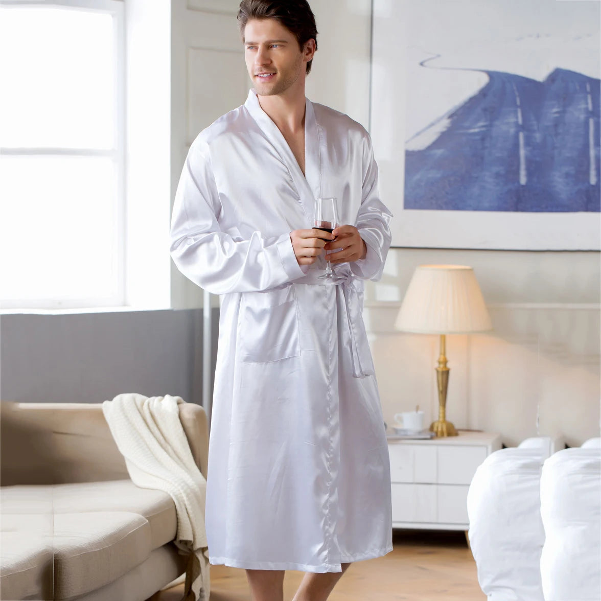 peignoir de bain pour homme grande taille-satin-blanc-confortable